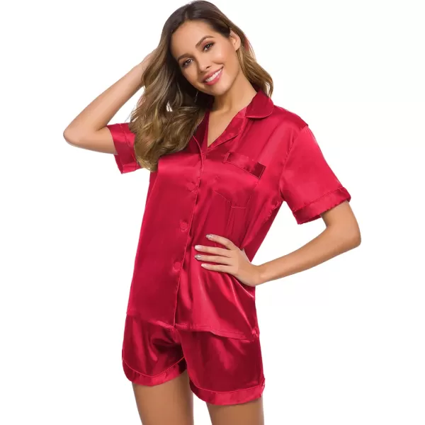 SWOMOG Womens Silk Satin Pajamas Set Twopiece Pj Sets Sleepwear Loungewear ButtonDown Pj SetsRed Solid214