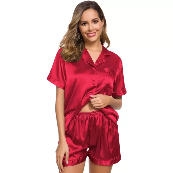 SWOMOG Womens Silk Satin Pajamas Set Twopiece Pj Sets Sleepwear Loungewear ButtonDown Pj SetsRed Solid214