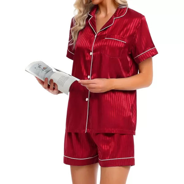 SWOMOG Womens Silk Satin Pajamas Set Twopiece Pj Sets Sleepwear Loungewear ButtonDown Pj SetsRed Style2pinstriped