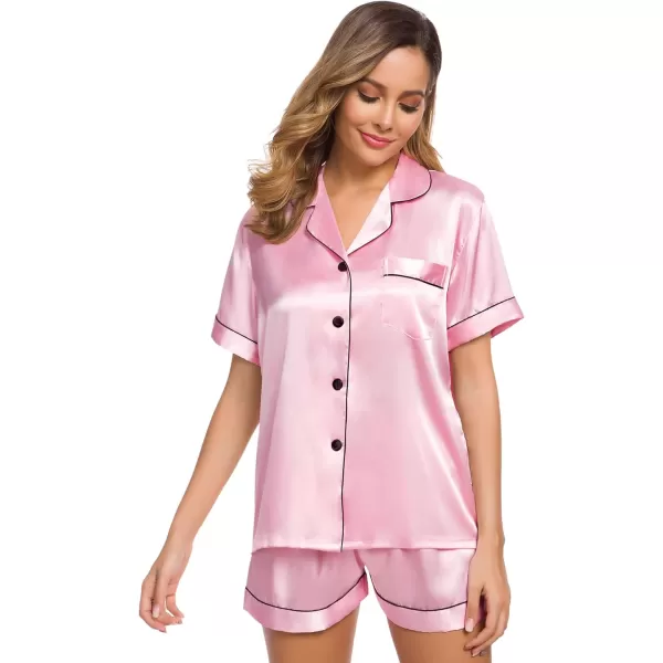 SWOMOG Womens Silk Satin Pajamas Set Twopiece Pj Sets Sleepwear Loungewear ButtonDown Pj SetsRose Pink