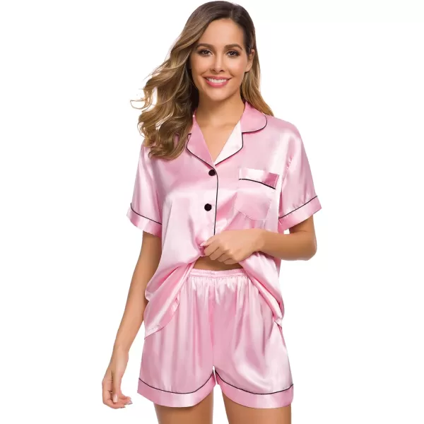 SWOMOG Womens Silk Satin Pajamas Set Twopiece Pj Sets Sleepwear Loungewear ButtonDown Pj SetsRose Pink