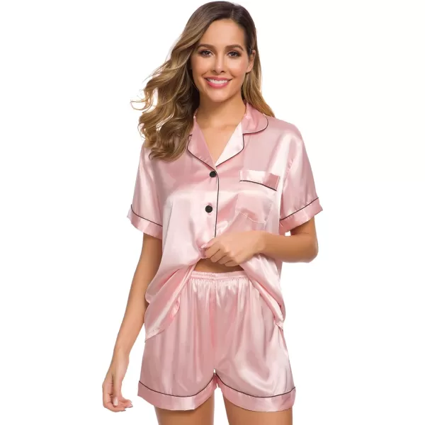 SWOMOG Womens Silk Satin Pajamas Set Twopiece Pj Sets Sleepwear Loungewear ButtonDown Pj SetsSakura Pink