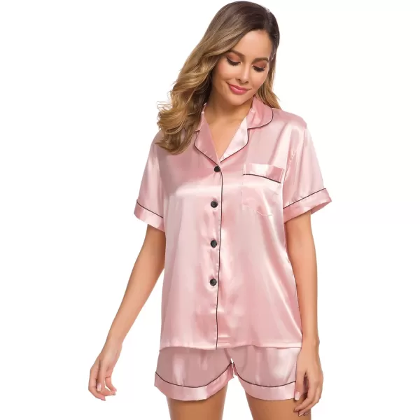 SWOMOG Womens Silk Satin Pajamas Set Twopiece Pj Sets Sleepwear Loungewear ButtonDown Pj SetsSakura Pink