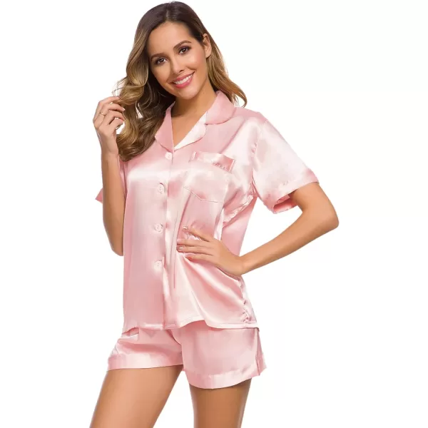 SWOMOG Womens Silk Satin Pajamas Set Twopiece Pj Sets Sleepwear Loungewear ButtonDown Pj SetsSakura Pink Solid214