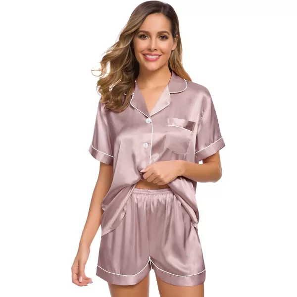 SWOMOG Womens Silk Satin Pajamas Set Twopiece Pj Sets Sleepwear Loungewear ButtonDown Pj SetsShimmering Blush