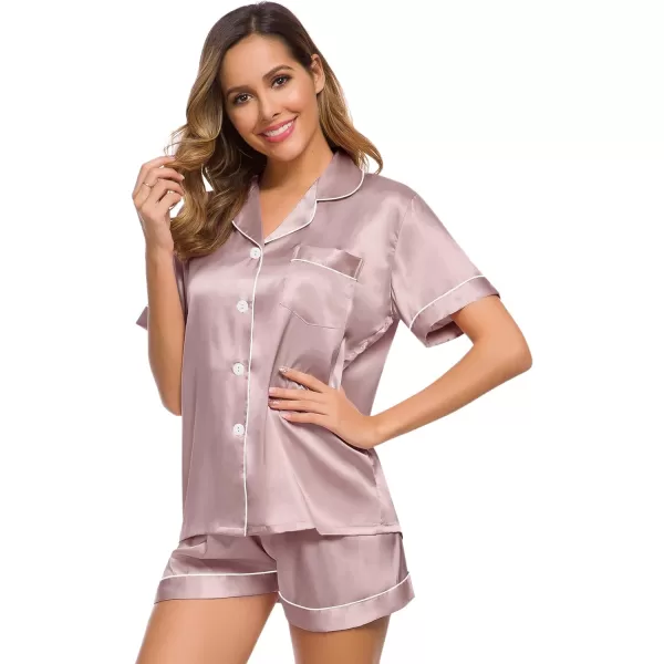 SWOMOG Womens Silk Satin Pajamas Set Twopiece Pj Sets Sleepwear Loungewear ButtonDown Pj SetsShimmering Blush