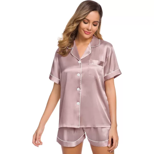 SWOMOG Womens Silk Satin Pajamas Set Twopiece Pj Sets Sleepwear Loungewear ButtonDown Pj SetsShimmering Blush