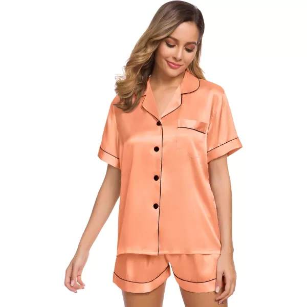 SWOMOG Womens Silk Satin Pajamas Set Twopiece Pj Sets Sleepwear Loungewear ButtonDown Pj SetsVivid Tangerine