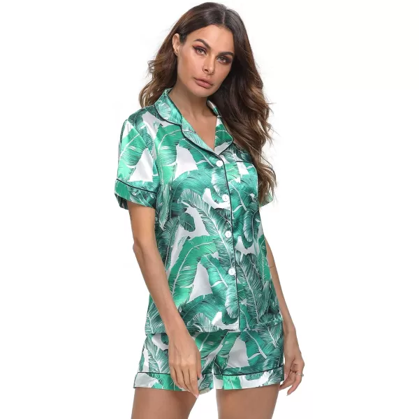 SWOMOG Womens Silk Satin Pajamas Set Twopiece Pj Sets Sleepwear Loungewear ButtonDown Pj SetsWhite Leaves