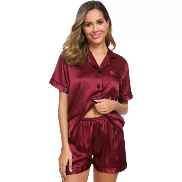 SWOMOG Womens Silk Satin Pajamas Set Twopiece Pj Sets Sleepwear Loungewear ButtonDown Pj SetsWine Red