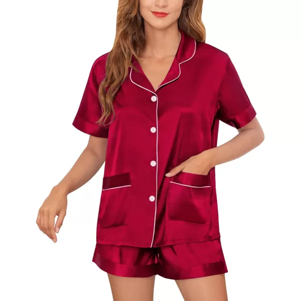 SWOMOG Womens Silk Satin Pajamas Set Twopiece Pj Sets Sleepwear Loungewear ButtonDown Pj SetsWine Red209