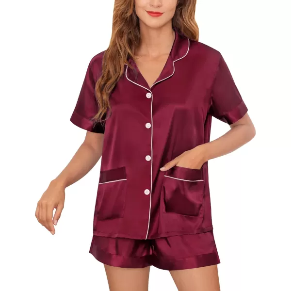 SWOMOG Womens Silk Satin Pajamas Set Twopiece Pj Sets Sleepwear Loungewear ButtonDown Pj SetsWine Redpockets209