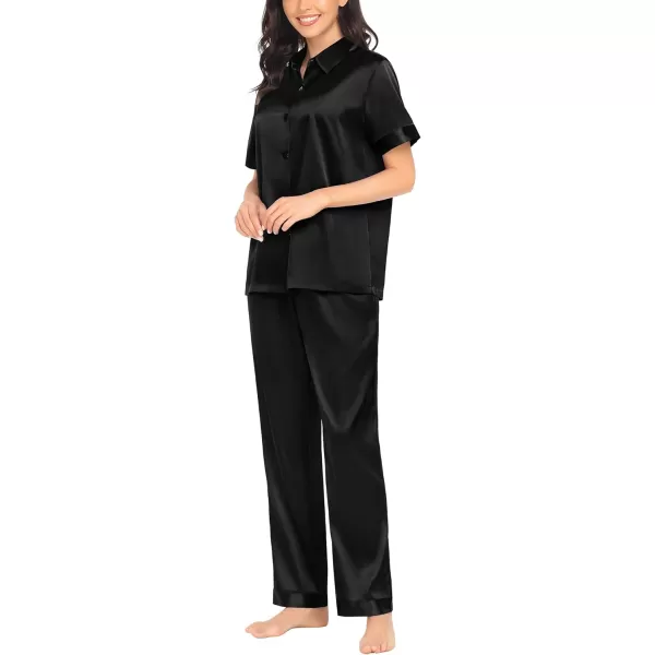 SWOMOG Womens Silk Satin Pajamas Solid Pj Set Short Sleeve Button Down Sleepwear Loungewear Top and Pants with PocketsBlack