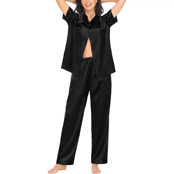 SWOMOG Womens Silk Satin Pajamas Solid Pj Set Short Sleeve Button Down Sleepwear Loungewear Top and Pants with PocketsBlack