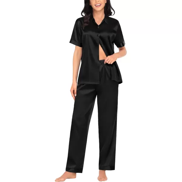 SWOMOG Womens Silk Satin Pajamas Solid Pj Set Short Sleeve Button Down Sleepwear Loungewear Top and Pants with PocketsBlack