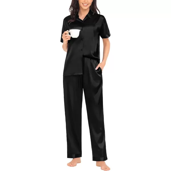 SWOMOG Womens Silk Satin Pajamas Solid Pj Set Short Sleeve Button Down Sleepwear Loungewear Top and Pants with PocketsBlack