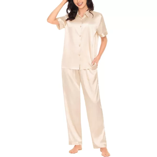 SWOMOG Womens Silk Satin Pajamas Solid Pj Set Short Sleeve Button Down Sleepwear Loungewear Top and Pants with PocketsChampagne