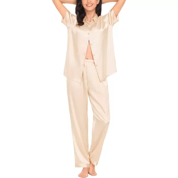 SWOMOG Womens Silk Satin Pajamas Solid Pj Set Short Sleeve Button Down Sleepwear Loungewear Top and Pants with PocketsChampagne