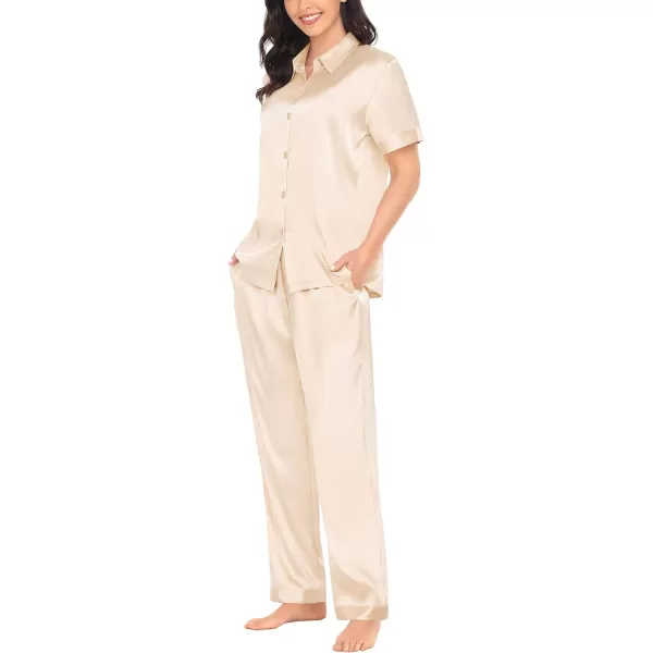 SWOMOG Womens Silk Satin Pajamas Solid Pj Set Short Sleeve Button Down Sleepwear Loungewear Top and Pants with PocketsChampagne