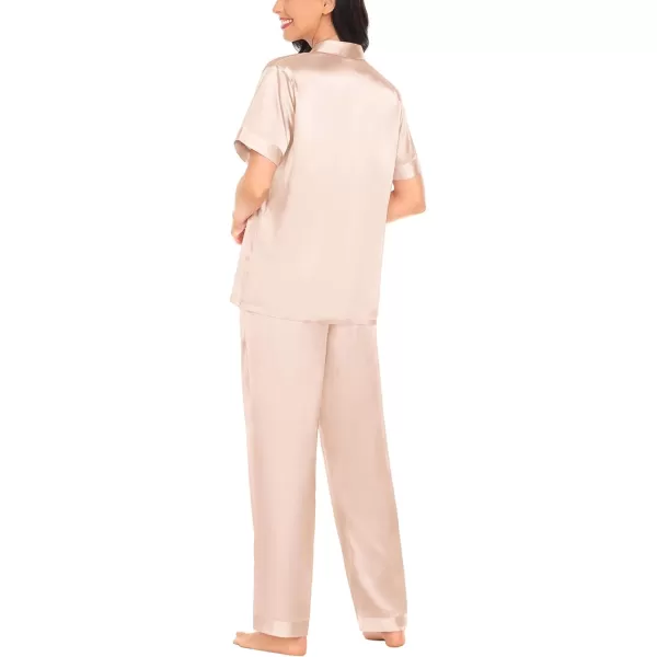 SWOMOG Womens Silk Satin Pajamas Solid Pj Set Short Sleeve Button Down Sleepwear Loungewear Top and Pants with PocketsChampagne