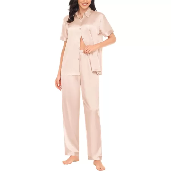 SWOMOG Womens Silk Satin Pajamas Solid Pj Set Short Sleeve Button Down Sleepwear Loungewear Top and Pants with PocketsChampagne