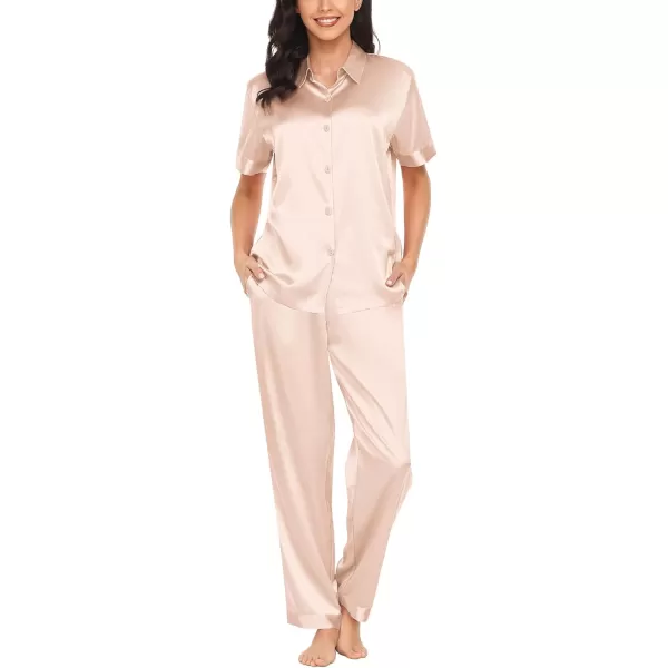 SWOMOG Womens Silk Satin Pajamas Solid Pj Set Short Sleeve Button Down Sleepwear Loungewear Top and Pants with PocketsChampagne