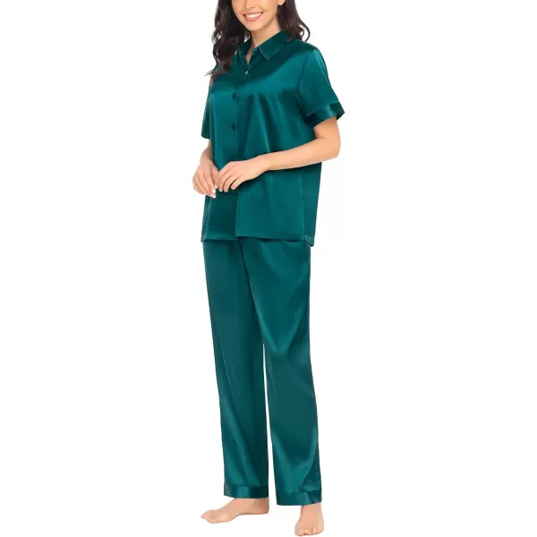 SWOMOG Womens Silk Satin Pajamas Solid Pj Set Short Sleeve Button Down Sleepwear Loungewear Top and Pants with PocketsDeep Green