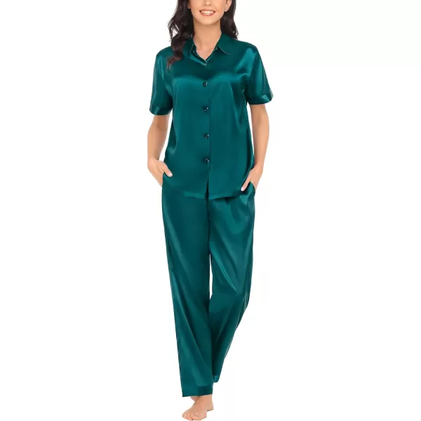 SWOMOG Womens Silk Satin Pajamas Solid Pj Set Short Sleeve Button Down Sleepwear Loungewear Top and Pants with PocketsDeep Green