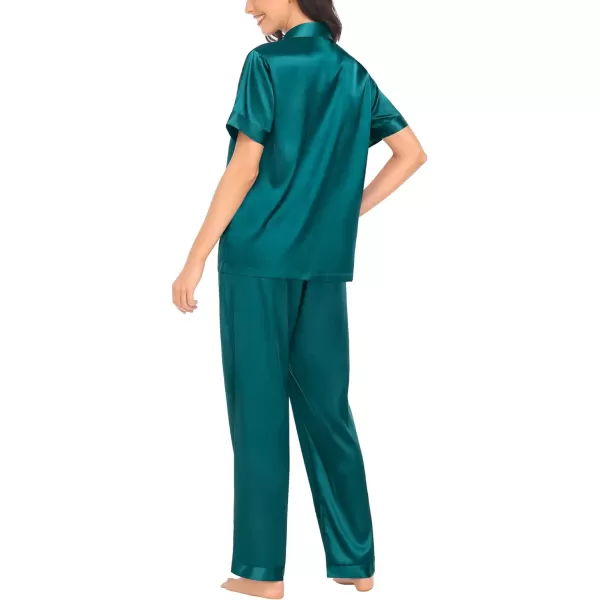 SWOMOG Womens Silk Satin Pajamas Solid Pj Set Short Sleeve Button Down Sleepwear Loungewear Top and Pants with PocketsDeep Green