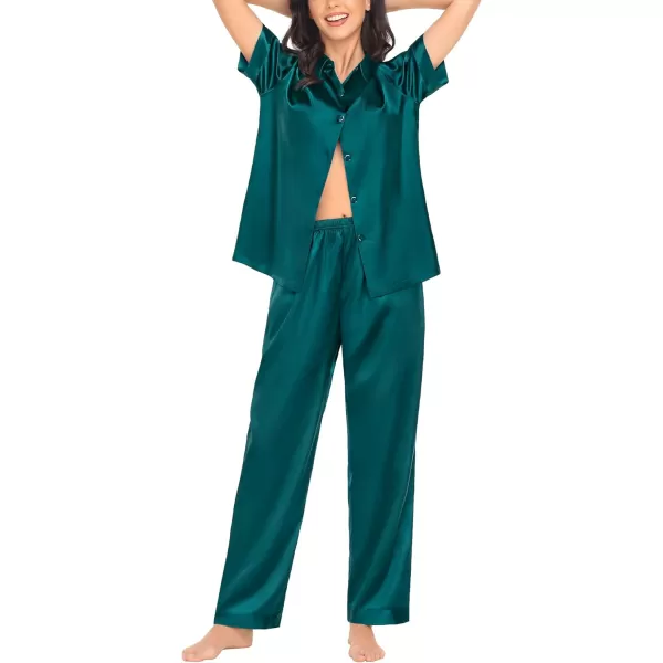 SWOMOG Womens Silk Satin Pajamas Solid Pj Set Short Sleeve Button Down Sleepwear Loungewear Top and Pants with PocketsDeep Green