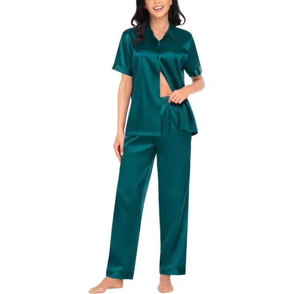 SWOMOG Womens Silk Satin Pajamas Solid Pj Set Short Sleeve Button Down Sleepwear Loungewear Top and Pants with PocketsDeep Green