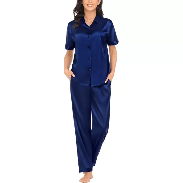 SWOMOG Womens Silk Satin Pajamas Solid Pj Set Short Sleeve Button Down Sleepwear Loungewear Top and Pants with PocketsDeep Navy Blue