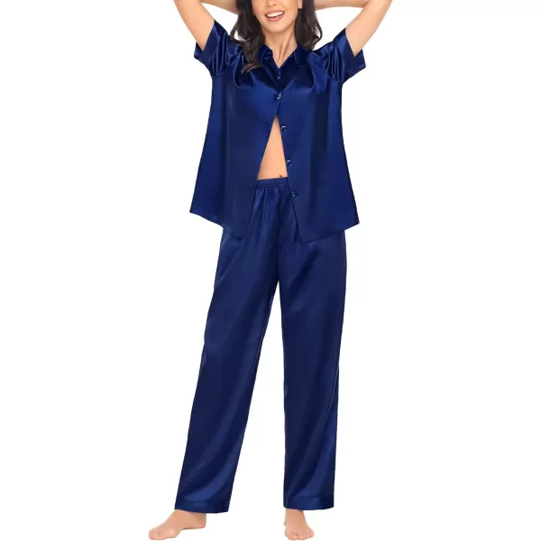 SWOMOG Womens Silk Satin Pajamas Solid Pj Set Short Sleeve Button Down Sleepwear Loungewear Top and Pants with PocketsDeep Navy Blue