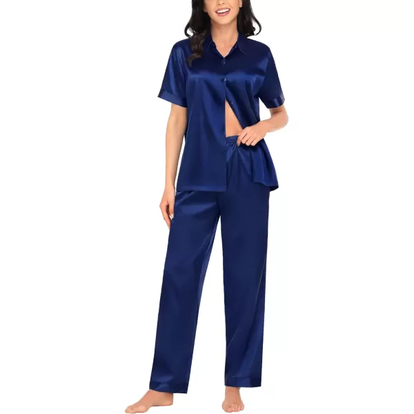 SWOMOG Womens Silk Satin Pajamas Solid Pj Set Short Sleeve Button Down Sleepwear Loungewear Top and Pants with PocketsDeep Navy Blue