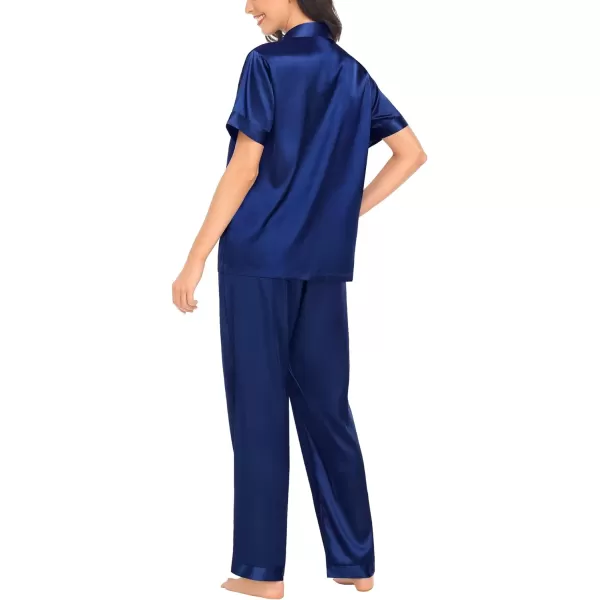 SWOMOG Womens Silk Satin Pajamas Solid Pj Set Short Sleeve Button Down Sleepwear Loungewear Top and Pants with PocketsDeep Navy Blue