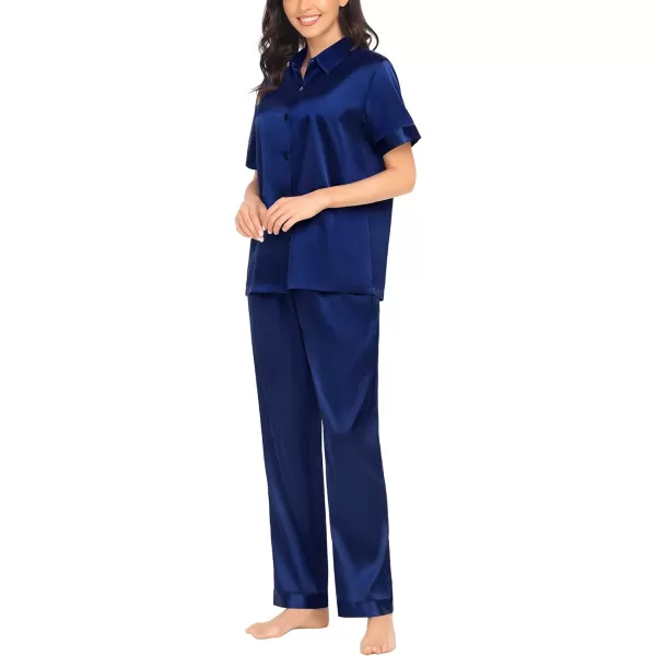 SWOMOG Womens Silk Satin Pajamas Solid Pj Set Short Sleeve Button Down Sleepwear Loungewear Top and Pants with PocketsDeep Navy Blue