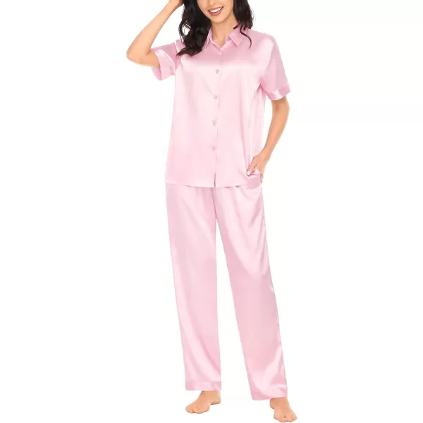 SWOMOG Womens Silk Satin Pajamas Solid Pj Set Short Sleeve Button Down Sleepwear Loungewear Top and Pants with PocketsPink