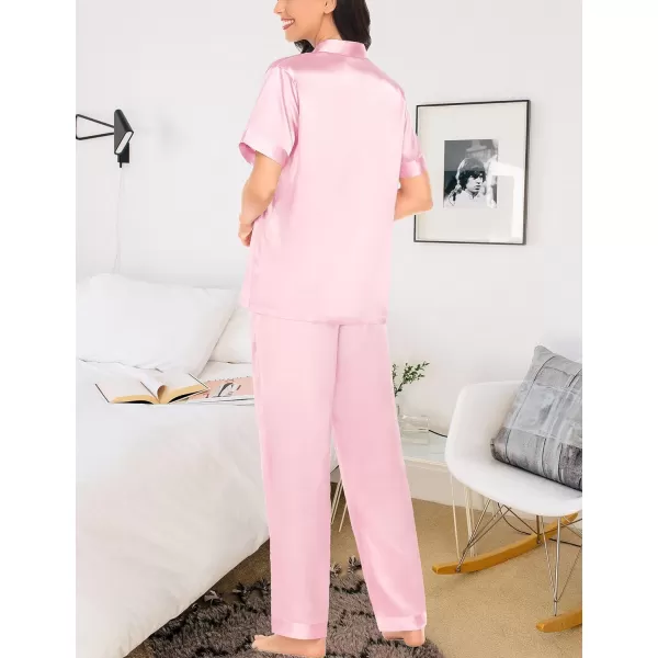 SWOMOG Womens Silk Satin Pajamas Solid Pj Set Short Sleeve Button Down Sleepwear Loungewear Top and Pants with PocketsPink