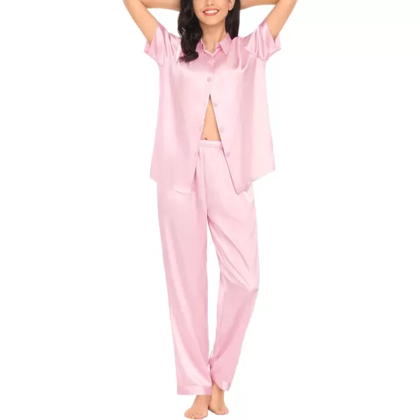 SWOMOG Womens Silk Satin Pajamas Solid Pj Set Short Sleeve Button Down Sleepwear Loungewear Top and Pants with PocketsPink