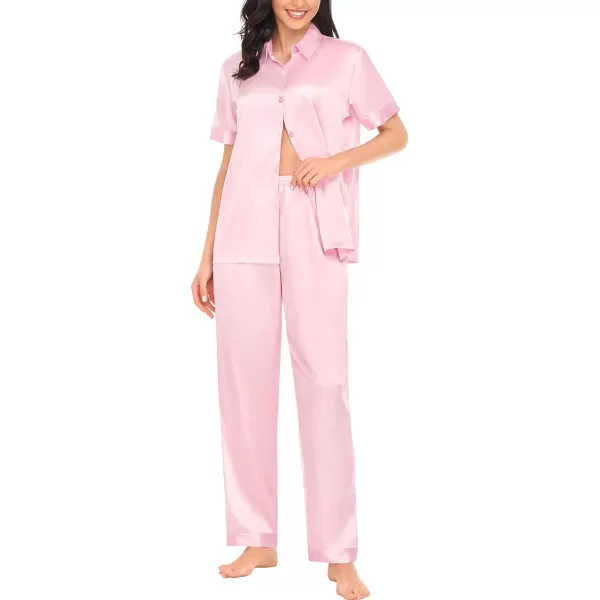 SWOMOG Womens Silk Satin Pajamas Solid Pj Set Short Sleeve Button Down Sleepwear Loungewear Top and Pants with PocketsPink