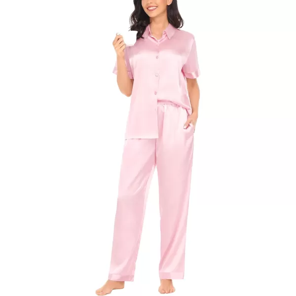 SWOMOG Womens Silk Satin Pajamas Solid Pj Set Short Sleeve Button Down Sleepwear Loungewear Top and Pants with PocketsPink