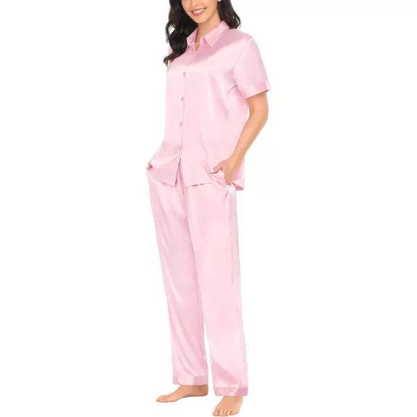 SWOMOG Womens Silk Satin Pajamas Solid Pj Set Short Sleeve Button Down Sleepwear Loungewear Top and Pants with PocketsPink