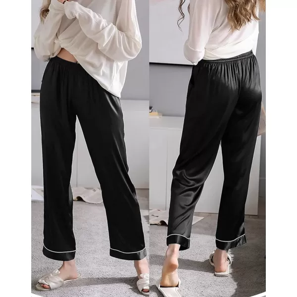 SWOMOG Womens Silk Satin Pants Wide Leg Pajama Bottoms Palazzo Lounge Pants Casual Loose Trousers Pj with Pockets2 Pieceblack amp Champagne