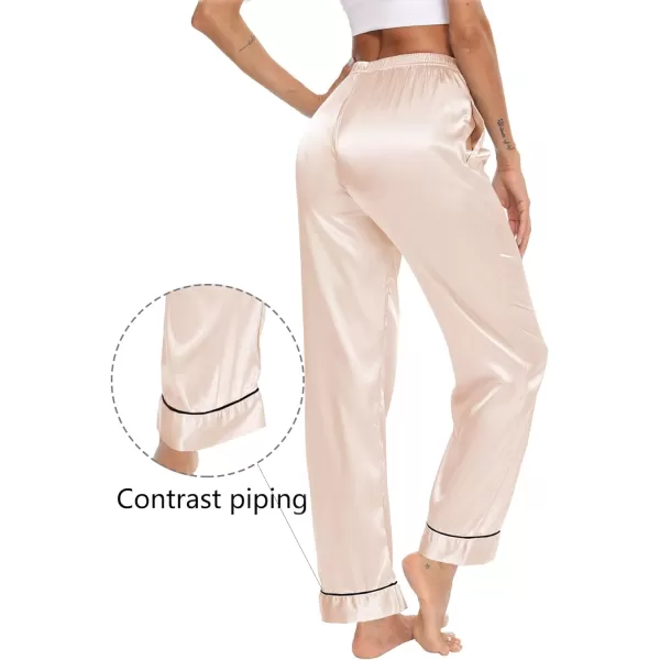 SWOMOG Womens Silk Satin Pants Wide Leg Pajama Bottoms Palazzo Lounge Pants Casual Loose Trousers Pj with Pockets2 Pieceblack amp Champagne