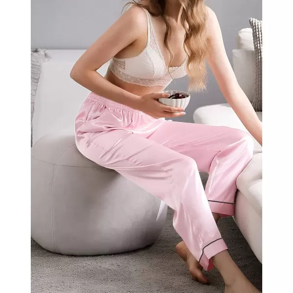 SWOMOG Womens Silk Satin Pants Wide Leg Pajama Bottoms Palazzo Lounge Pants Casual Loose Trousers Pj with Pockets2 Pieceblack amp Pink