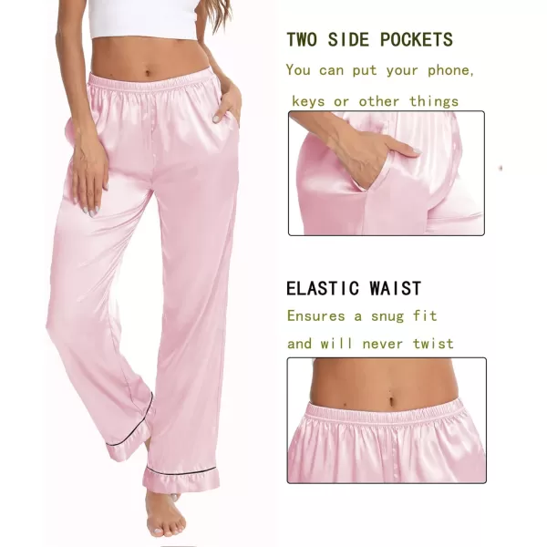 SWOMOG Womens Silk Satin Pants Wide Leg Pajama Bottoms Palazzo Lounge Pants Casual Loose Trousers Pj with Pockets2 Pieceblack amp Pink