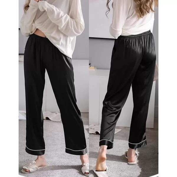 SWOMOG Womens Silk Satin Pants Wide Leg Pajama Bottoms Palazzo Lounge Pants Casual Loose Trousers Pj with PocketsBlack