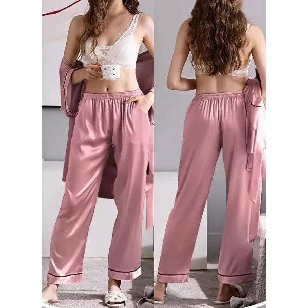 SWOMOG Womens Silk Satin Pants Wide Leg Pajama Bottoms Palazzo Lounge Pants Casual Loose Trousers Pj with PocketsMisty Rose