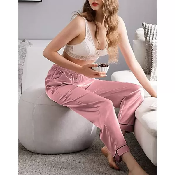 SWOMOG Womens Silk Satin Pants Wide Leg Pajama Bottoms Palazzo Lounge Pants Casual Loose Trousers Pj with PocketsMisty Rose