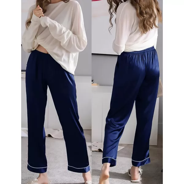 SWOMOG Womens Silk Satin Pants Wide Leg Pajama Bottoms Palazzo Lounge Pants Casual Loose Trousers Pj with PocketsNavy Blue